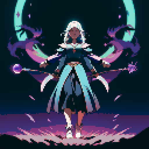 full-body image, sorceress facing right, sorceress ready to fight, evil sorceress, floating, arms out, magic circles, magic power, spell, evil sorceress, evil witch, magic symbols, ultimecia, final fantasy, sRGB, pixel art, evil outfit