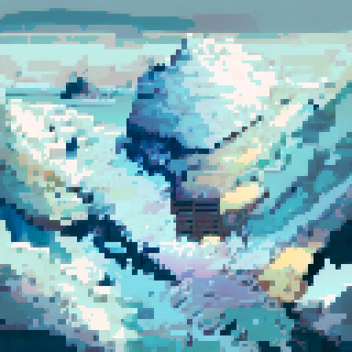 Snowy mountain range research complex with sleek, angular architecture blending into the snowy landscape, surrounded by icy cliffs and a frozen river cutting through the valley, all in a landscape portrait style.