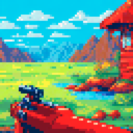Ketchup gun shooting streams of vibrant red, against a summer picnic background with a panoramic landscape view in pixel art style