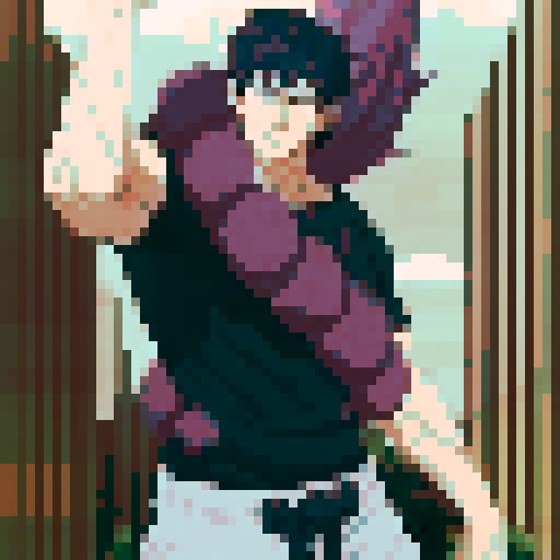 anime male, with vibrant black spiky hair, standing tall in a pixelated world, surrounded by fantastical creature on body in vivid pixel art style