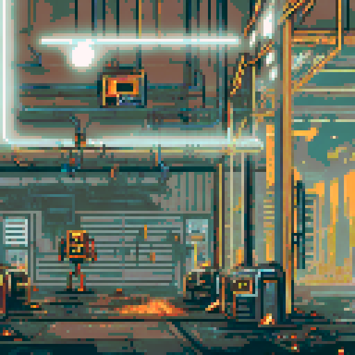 Run-down, apocalyptic atmosphere with dilapidated machinery and sparks flying in a pixel art, sRGB, background landscape of a Futuristic robot factory Towering metal structures and cracked concrete floors create an eerie ambiance, illuminated by flickering neon lights Rusty conveyor belts and broken windows reveal shattered glass, while discarded robot parts lie among overgrown vines Eerie shadows dance across abandoned control panels, with parallax effects adding depth to the scene