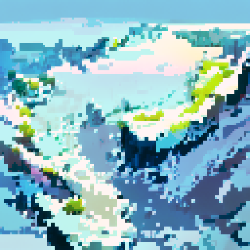 Snowy mountain range research complex with sleek, angular architecture blending into the snowy landscape, surrounded by icy cliffs and a frozen river cutting through the valley, all in a landscape portrait style.