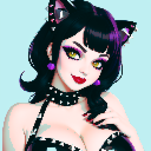 curvy, cute smiling goth cat girl face, black hair, purple eyeshadow, red lipstick, studded leather, face portrait, glamour shot, vibrant sRGB colors