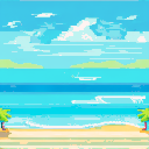 overhead view, vibrant beach, waves washing, sRGB, pixel art, background, landscape