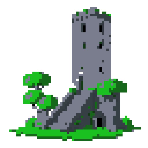 2d grey stone tower in an ancient english style. Old and crumbling but still upright. Green vines crisscross it. Usable as an asset (clear, thick lines and a white background). Put a black stroke around the composition