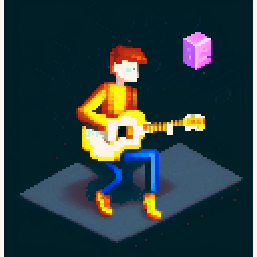 hacker boy with electric guitar in a rainy day, pixel art