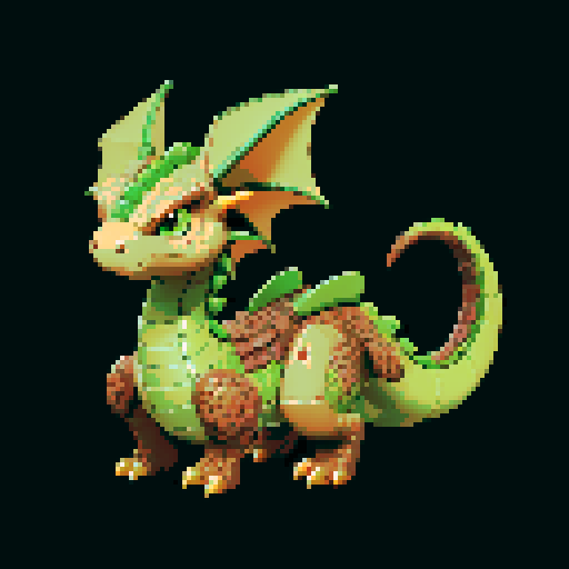 A sturdy, robust dragon with earthy brown and green scales. It has a strong, grounded presence and a protective expression, with rocky protrusions along its back and limbs. Its eyes are calm and steady, reflecting its connection to the earth. No background.
