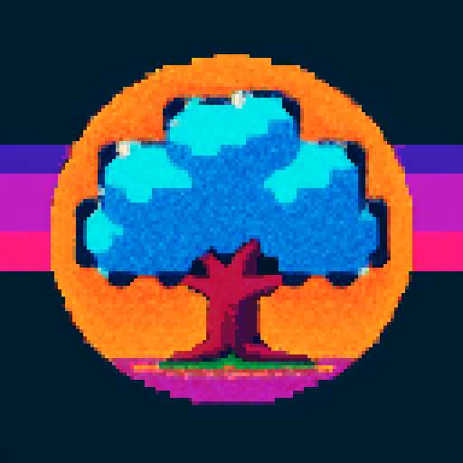 heart-shaped tree, vibrant sunset colors, pixelated leaves, retro video game aesthetic, 8-bit art style, nostalgic pixel art, glowing orange and pink hues, digital landscape, blocky branches and trunk, low-resolution graphics, computer-generated artwork, saturated colors, nostalgic vibes, art made with limited color palette, digital interpretation of nature, nostalgic video game scene, simplified shapes, nostalgic pixelation