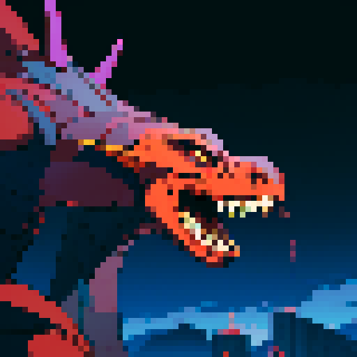 antagonist character in jrpg, giant lizardman with devil horns, evil smile, laser gun in hand, long tongue, sRGB, pixel art