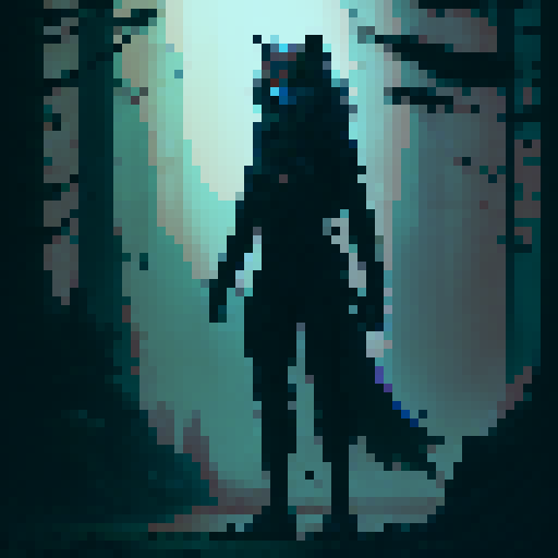 a werewolf, standing in the forest, red eyes. looking at us, slightly bent forward