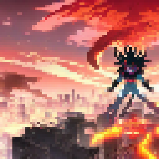 Sukuna, the powerful cursed spirit with multiple arms and eyes, looms over the city skyline, his monstrous form silhouetted against a blood-red moon, as he unleashes a devastating attack on a group of terrified sorcerers, all rendered in the distinctive anime style.