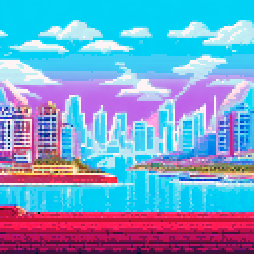 Monaco's glittering harbor nestled amidst towering skyscrapers, a sleek red Ferrari zooming past the roaring crowd, the sun-drenched coastline glittering in the background, all captured in vibrant pixelated glory