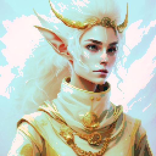 beautiful illustrious Elf Queen, golden-sun hair with white, comforting, welcoming look, ceremonial regal clothes of the elven royalty, pixel art, sRGB, fantasy RPG