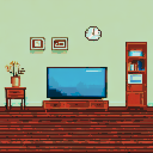 cozy living room  with giant widescreen television, a couch, a rug 8-bit retro