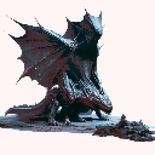 Large prowling black dragon with large stretched wings, a long tail, head resting on the ground, dark fantasy