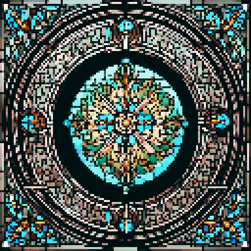 I want a beautiful circular stained glass window framed in copper with rivets around the edge. I want this object usable an asset in a videogame, meaning only one object per image, outlined with a strong black stroke, on a solid-color background.