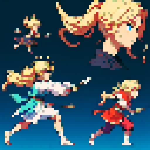 Create a detailed pixel art sprite sheet, a character that will be based on the paraguayan myth Jasy Jatere. he is a blonde boy with long hair and bright blue eyes and carries a snake headed staff. Each sprite should be contained within a box. The sheet should contain the following character actions: frames of a side-view idle, frames of a side-view running, 4 frames of side-view jumping, 5 frames of side-view throwing a spear, 5 frames of a side-view