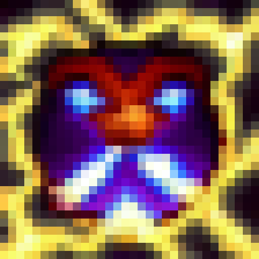 Fiery demon summoning lightning bolts and wielding a pitchfork with glowing red eyes in 32x32 pixel art style.
