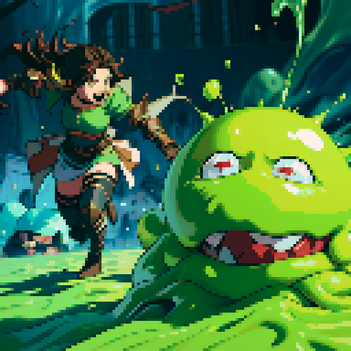 slime surging up around someone, slime engulfing a hero, slime consuming a hero, hero getting engulfed by slime, slime attack, dynamic, slime slamming into someone, impact, splashing slime, full-body image, full-body art, metal armor, brown hair