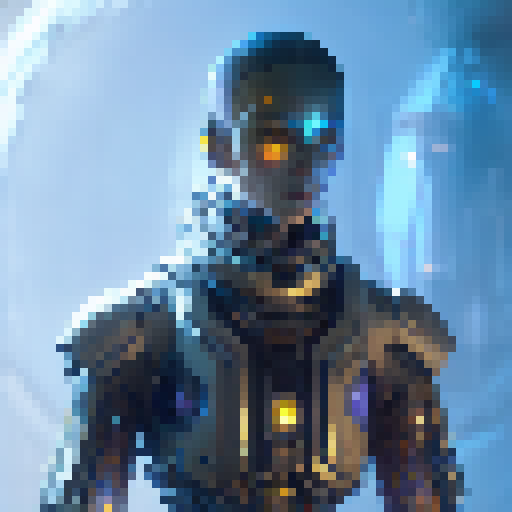 Futuristic, cyberpunk, neon-lit, metallic, sleek, sci-fi. 

        Cybernetic humanoid figure emerges from a hovering pod, wielding a high-tech weapon and clutching a glowing energy orb, against a neon-lit, metallic cityscape.