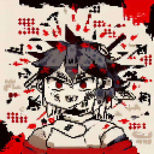 Pixelated caricature of a fierce, samurai warrior with a menacing expression, featuring bold black lines and sharp angles, all rendered in a monochromatic palette.