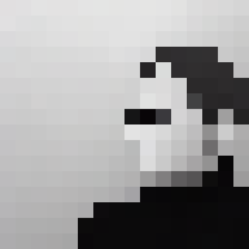 Man, curious and focused, gazes upon an awe-inspiring sunrise with hues of orange and pink, his silhouette outlined against the tranquil, blue ocean waves in a retro 16x16 pixel portrait style.