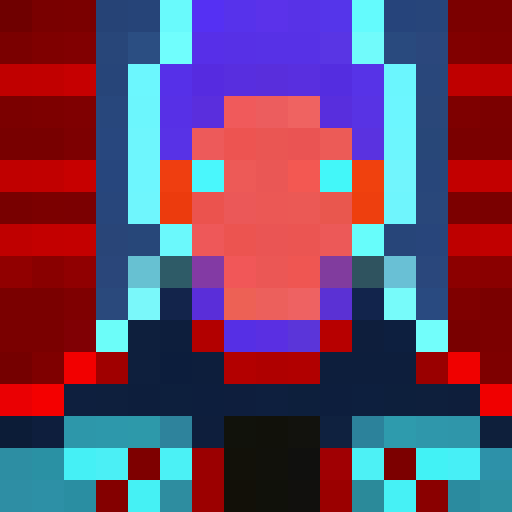 Create a 16x16 pixel portrait of an Avatar with glowing blue eyes, metallic armor, and a feathered cloak, standing on a floating rock island amidst a sea of clouds.
