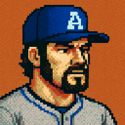 Can you make an profile picture of a baseball player? Pixel perfect pixel art. The level of detail should be similar to that of Sonic of the Hedgehog. Use dithering and anti-aliasing when needed. Make the player like the health UI character from Wolfenstein 3d. Give him a neutral expression. His jersey should be gray with blue accents. His had should be blue with white accents.  Can he have sideburns and a goatee?