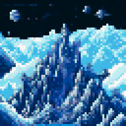 Futuristic and sleek, a triangular space ship glides through an ethereal black and white galaxy, surrounded by twinkling stars and a majestic, mountainous landscape in the distance, all rendered in sRGB pixel art