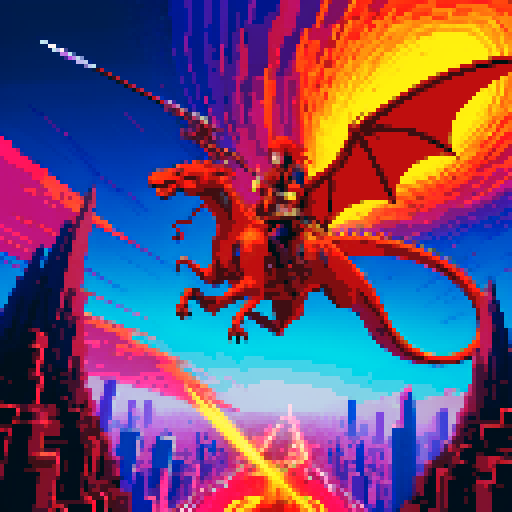 A rock guitarist riding a dragon, flying through a fiery sky above a futuristic city, brandishing his guitar like a sword