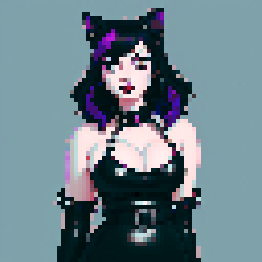 curvy, cute busty greaser goth girl's face, goth cat girl, whole head portrait, black hair, purple eyeshadow, red lipstick, low cut black studded leather halter top, studded collar, game avatar portrait, vibrant sRGB colors