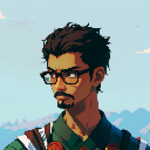 Southeast Asian man, short curly hair, round glasses, tanned, goatee