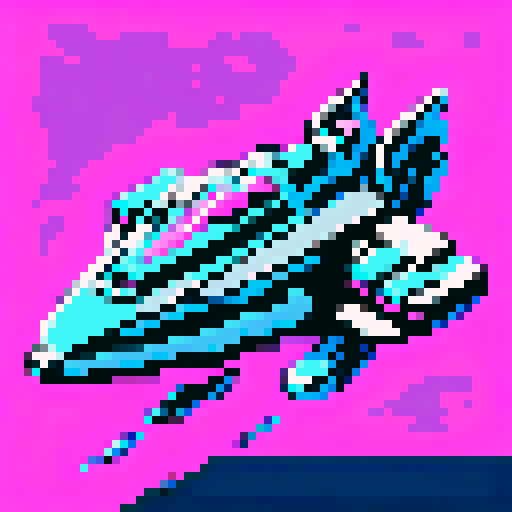 16-bit pixel art small spaceship, blocky silver hull with tiny rust dots, glowing cyan engines on the back, flying fast with a thin cyan-magenta hyperspace trail streaming behind it, no background, SNES retro style, 64x64px grid, limited 8-color palette, sharp pixel edges, minimal detail.”

