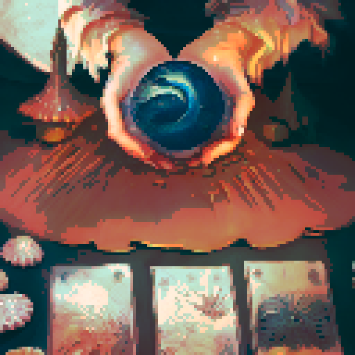 A close-up of a woman's hands over a table during a tarot card reading in a medieval dark style. The table is adorned with elements of the ocean such as sea shells, sand, and small pieces of coral. The atmosphere is mystical and dimly lit, with candlelight casting shadows that enhance the eerie and magical mood. The woman's hands are gracefully poised over the cards, which also have oceanic designs like waves and mermaids.