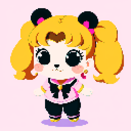 This image features a stylized bear inspired by Sailor Moon, depicted in a chibi art style. The bear has, expressive black eyes and a cute, youthful appearance. The hair is styled in long twin pigtails, accented with pink and gold ribbons, matching the color theme of the outfit, which includes a sailor-style collar and a pink bow. The background is interesting magic landscape, enhancing the character's playful and magical theme. This is a typical example of how popular anime characters