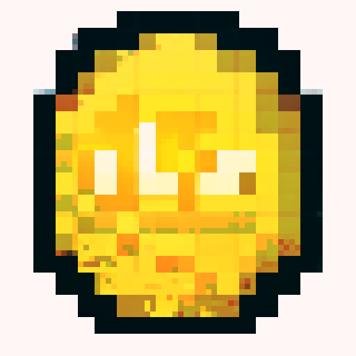 Imagine a digital, pixelated coin, shimmering with a bright golden hue. This coin has a classic round shape, resembling a traditional coin, but its surface is made up of tiny, square pixels, giving it a distinctly digital and retro video game look. The pixels catch light at various angles, making the coin glint and sparkle. On its surface, there is a simple, pixelated design – perhaps a symbol or a character – that is iconic and easy to recognize, yet rendered in a minimalist, blocky style typic