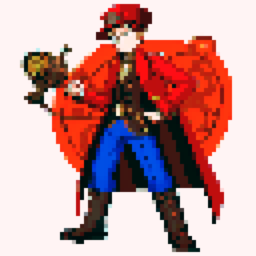 steampunk young man, red coat, red hat, 2D game stance, pixel art, sRGB