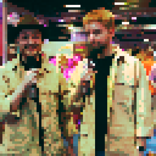 adventurers exploring a vibrant and mystical forest, surrounded by towering trees and sparkling streams, capturing their awe-struck expressions with vintage microphones, highlighting their friendly camaraderie through smiles, all depicted in a breathtaking landscape portrait with intricate character designs, showcasing the beauty of pixel art in every meticulously detailed element