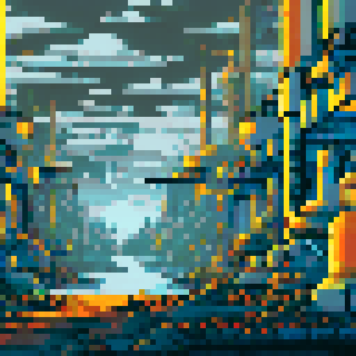 run-down, apocalyptic atmosphere, pixel art, inside of a Futuristic robot factory, background
