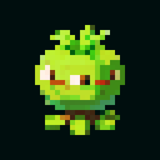 A slightly larger plant-like creature with more defined features, bark-like skin, and budding flowers. It has a friendly expression and a sturdy build. No background.
