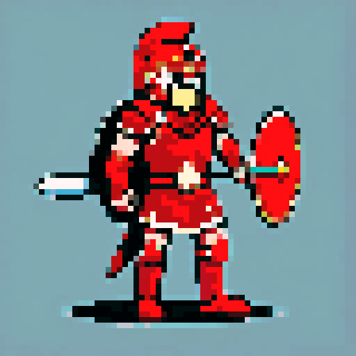 greek hoplite in copper armor, shield, corinthian helmet without plume, red tunic, red-edged sandals, long spear, 32x32 sprite style, pixel art