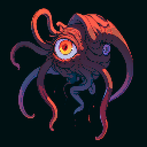 eldritch being, tentacles writhing, full body floating, brain pulsating, many eyes staring, eyeballs bulging, no humans, monsyer, sRGB pixel art