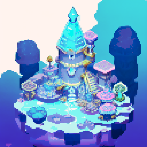 technological ziggurat, shimmering in neon hues, surrounded by frozen waters reflecting the pixel art skyline