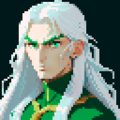 haldirian, tall and lithe, with flowing silver hair like liquid moonlight, framed by a battle-worn face, his piercing emerald eyes reflecting fierce determination, showcasing his magical prowess, in pixel art style with sRGB colors