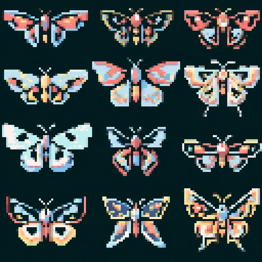 collection of 9 tiny 8-bit pixel art on flat black background each depicting a different moth each more beautiful than the last 