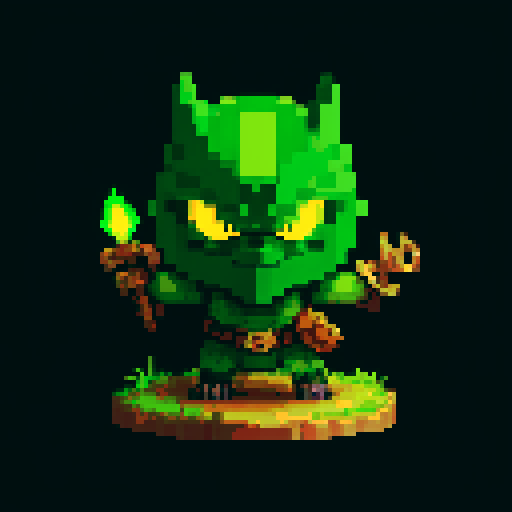 A vigilant guardian made of sturdy wood and roots, with sharp branches and glowing yellow eyes. It has a fierce expression and an imposing stance, dedicated to safeguarding the forest. No background.
