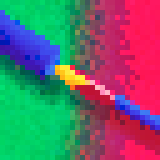 Colorful art paintbrush with bold black outline, vibrant sRGB colors, 32x32 badge style, pixel art, background, landscape