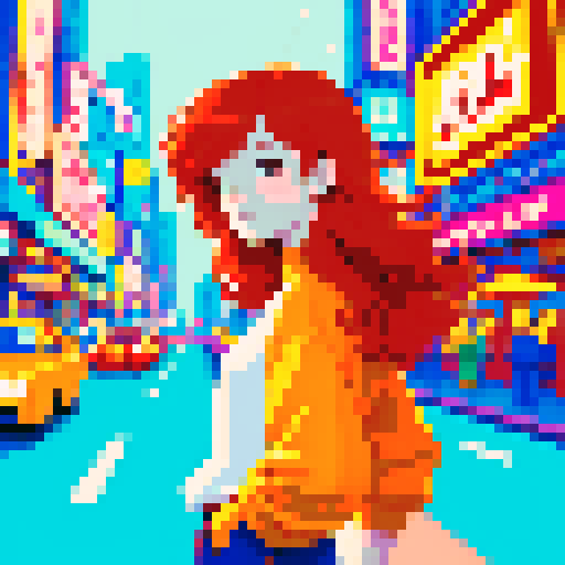 Char, vibrant red hair flowing in the wind, standing tall in front of a whimsical pixelated cityscape, surrounded by colorful characters and neon signs