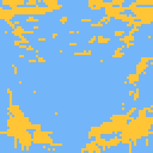 Create a 256×256 pixel art background of an expansive, high‑ceiling library in a fantasy×futuristic style. Use sky‑blue and bright orange as the two main accent colors, balanced against softer purples and warm golds. Include:

• Rows of towering bookshelves made of gleaming metal and arcane wood, glowing softly with embedded neon runes  
• Scattered magical artifacts: floating crystals, open tomes with swirling glyphs, levitating quills  
• Two cute, semi‑transparent floating brains wearing tiny