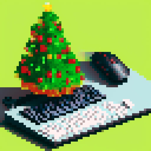 A keyboard and mouse connected to a decorated Christmas tree on a desk